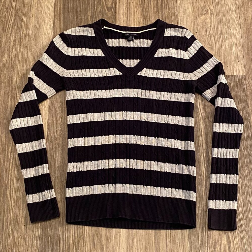 Tommy Hilfiger Blue and Gray Stripped Sweater V Neck Women's Size S